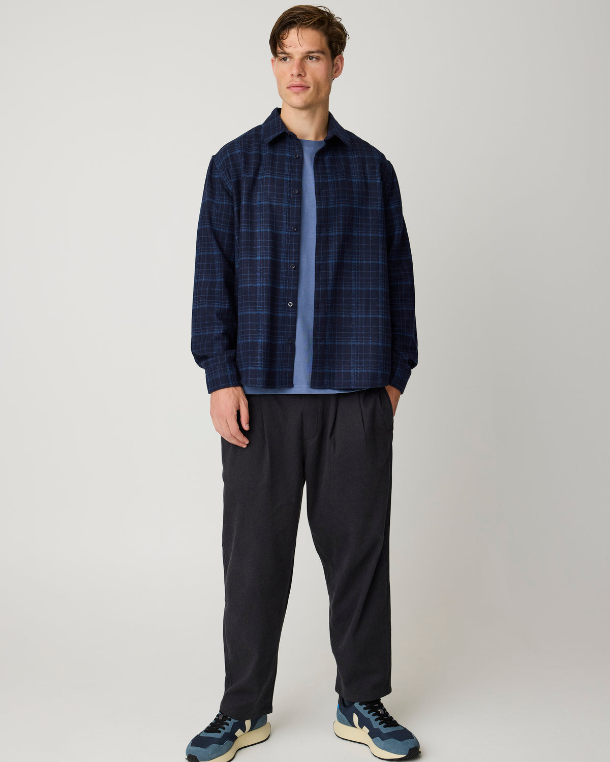 Dune regular merino check shirt - Navy