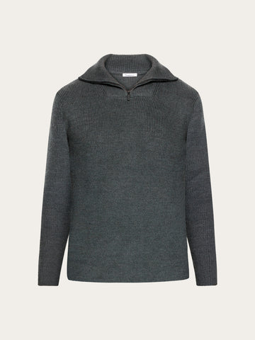 KnowledgeCotton Apparel - MEN 1/2 neck zip merino wool rib knit Knits 1073 Dark Grey Melange