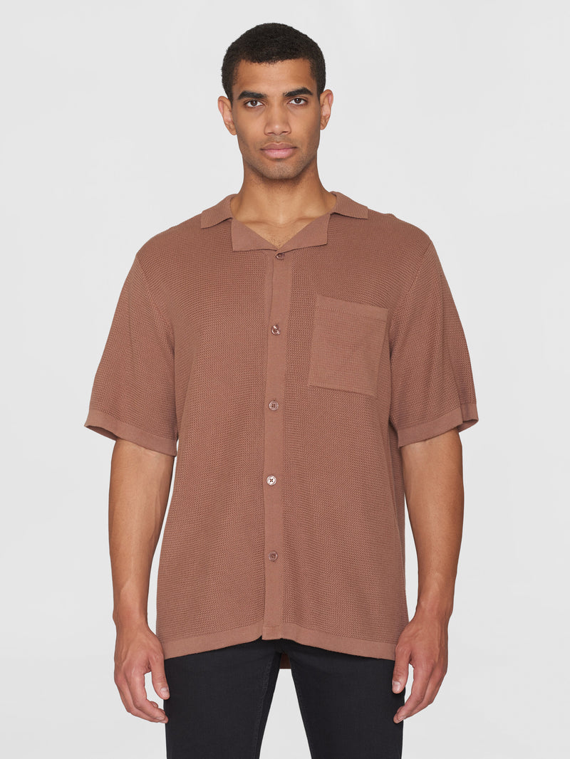 KnowledgeCotton Apparel - MEN Boxy short sleeve structured knitted shirt - Regenerative Organic Certified™ - GOTS/Vegan Knits 1437 Chocolate Malt