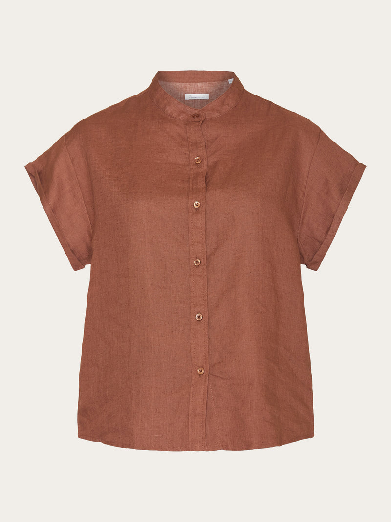 KnowledgeCotton Apparel - WMN Collar stand short sleeve linen shirt Shirts 1441 Tiramisu