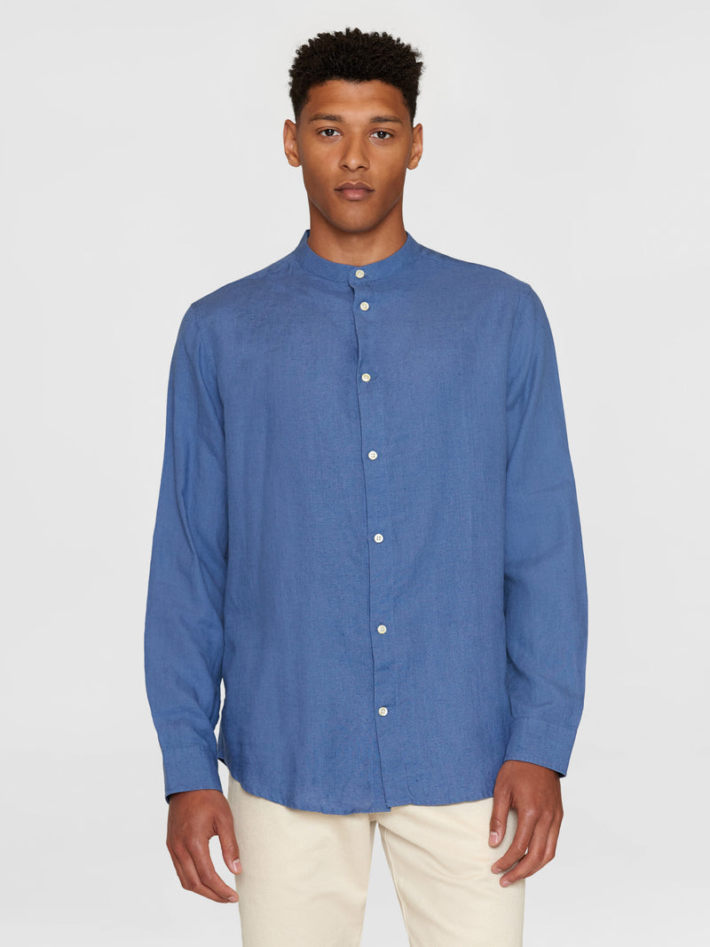 KnowledgeCotton Apparel - MEN Custom fit linen stand collar shirt Shirts 1432 Moonlight Blue