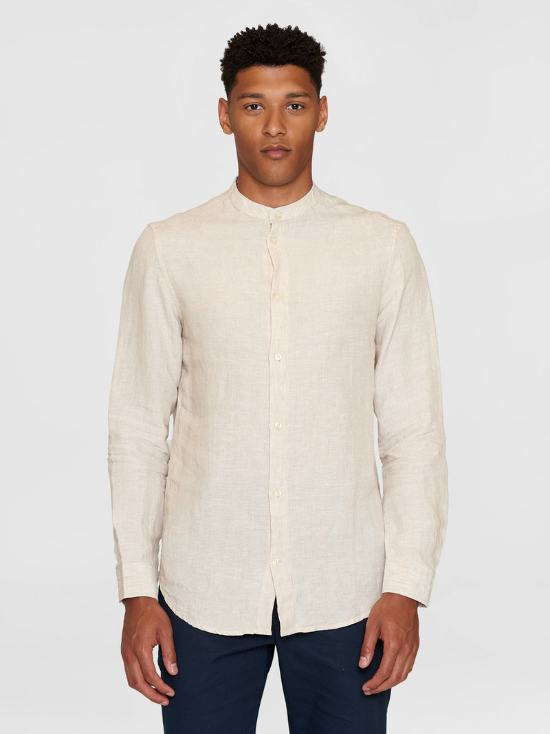 KnowledgeCotton Apparel - MEN Custom fit linen stand collar shirt Shirts 1449 Yarndyed - Light feather gray