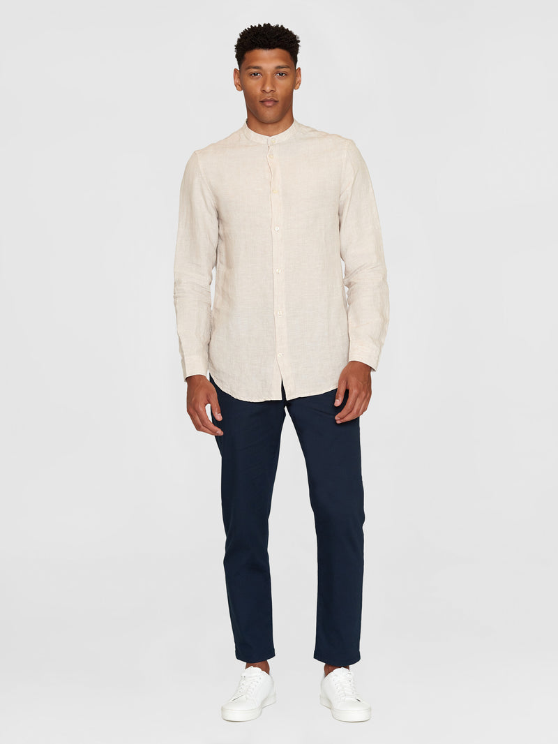 KnowledgeCotton Apparel - MEN Custom fit linen stand collar shirt Shirts 1449 Yarndyed - Light feather gray