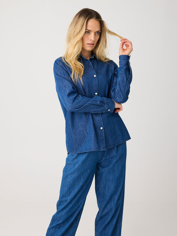 KnowledgeCotton Apparel - WMN Denim shirt Denim shirt 3059 Dark Blue denim