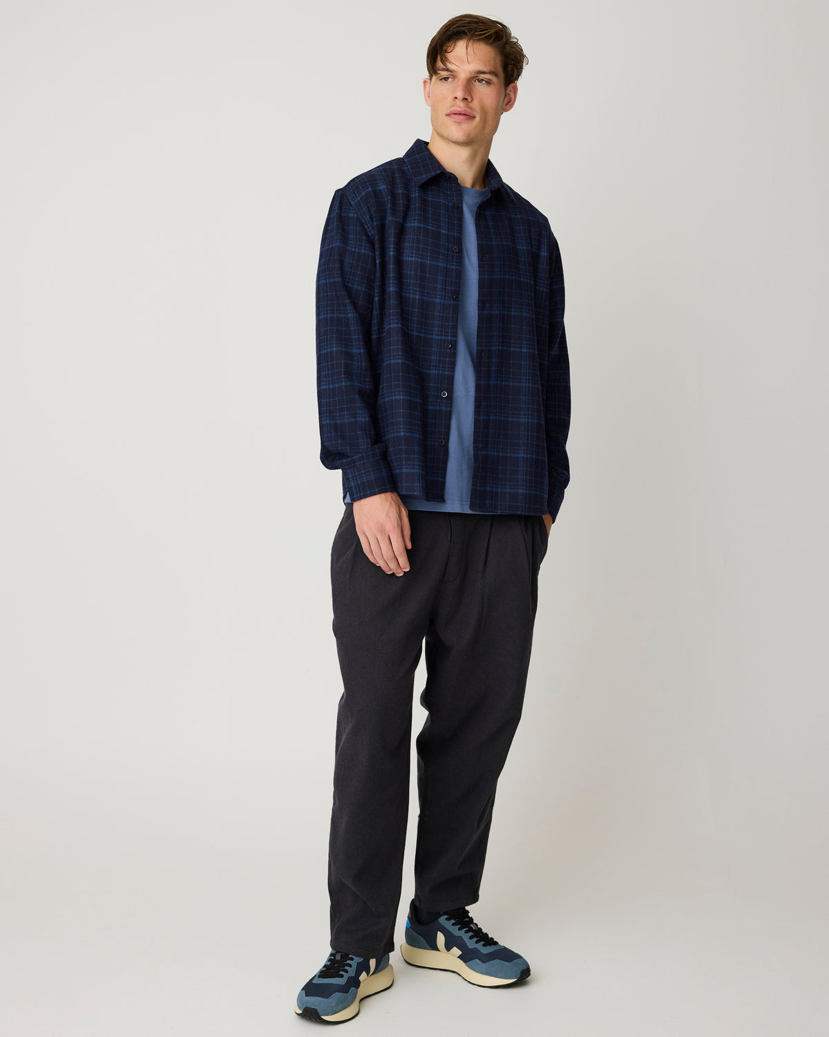 KnowledgeCotton Apparel - MEN Dune regular merino check shirt Shirts 7036 Navy