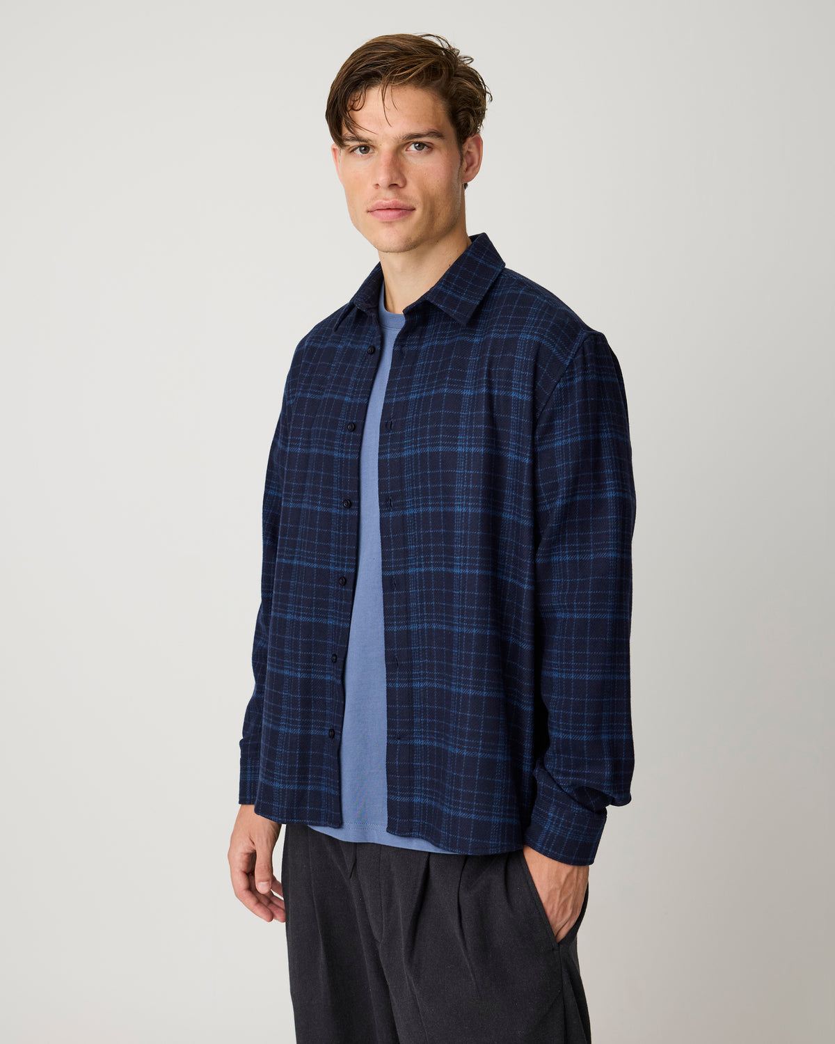 KnowledgeCotton Apparel - MEN Dune regular merino check shirt Shirts 7036 Navy
