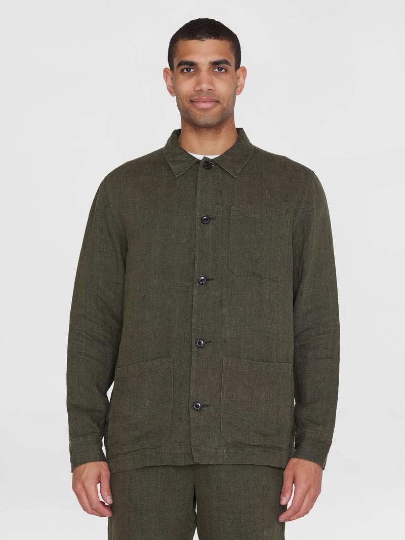 KnowledgeCotton Apparel - MEN Herringbone linen overshirt - GOTS/Vegan Overshirts 1068 Burned Olive