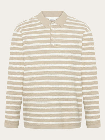 KnowledgeCotton Apparel - MEN Knitted stripe polo Polos 8033 Creme Stripe