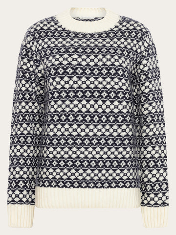 KnowledgeCotton Apparel - WMN Lambswool Crew Neck Knit RWS Knits 8021 Blue stripe