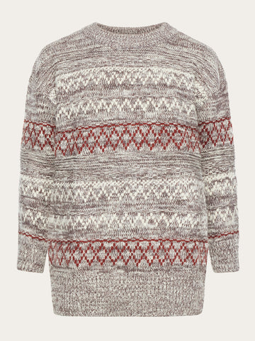 KnowledgeCotton Apparel - WMN Lambswool pattern loose crew neck - RWS Knits 8026 Brown stripe