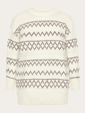 KnowledgeCotton Apparel - WMN Lambswool pattern loose crew neck - RWS Knits 8033 Creme Stripe