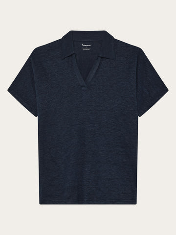KnowledgeCotton Apparel - WMN Linen split neck polo T-shirts 1001 Total Eclipse