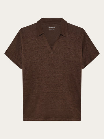 KnowledgeCotton Apparel - WMN Linen split neck polo T-shirts 1489 Shaved Chocolate