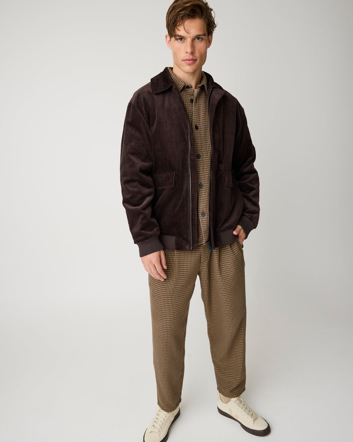 KnowledgeCotton Apparel - MEN Loose houndtooth overshirt Overshirts 7035 Dark Brown check