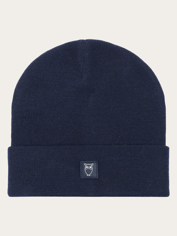 KnowledgeCotton Apparel - UNI Merino double layer badge beanie Hats 1001 Total Eclipse