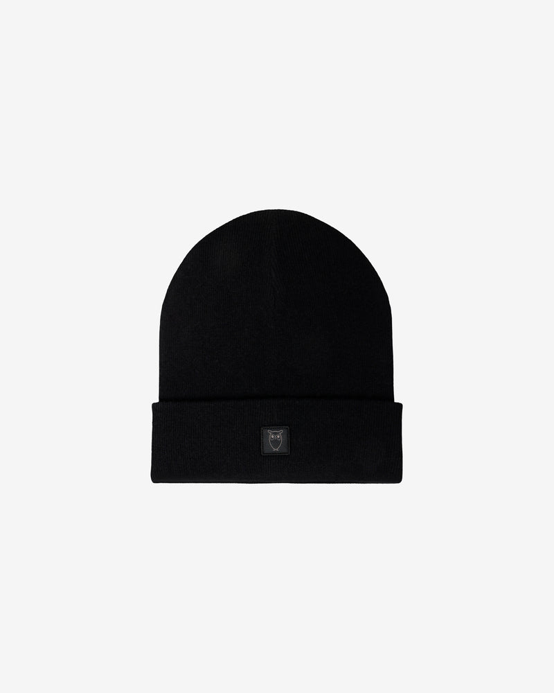 KnowledgeCotton Apparel - UNI Merino double layer badge beanie Hats 1300 Black Jet