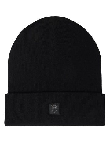 KnowledgeCotton Apparel - UNI Merino double layer badge beanie Hats 1300 Black Jet