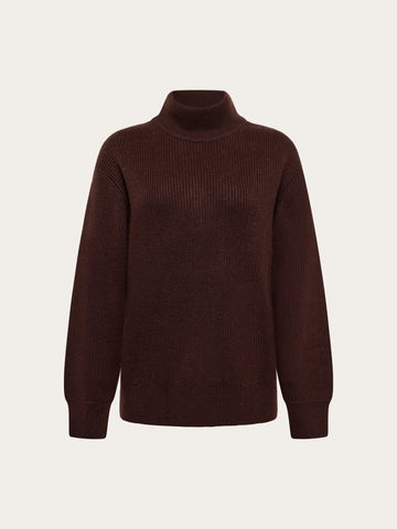 KnowledgeCotton Apparel - WMN Merino high neck sweater Knits 1487 Chocolate Torte