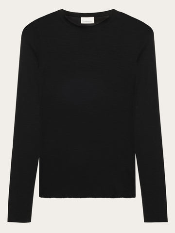 KnowledgeCotton Apparel - WMN Merino rib long sleeve t-shirt Long Sleeves 1300 Black Jet