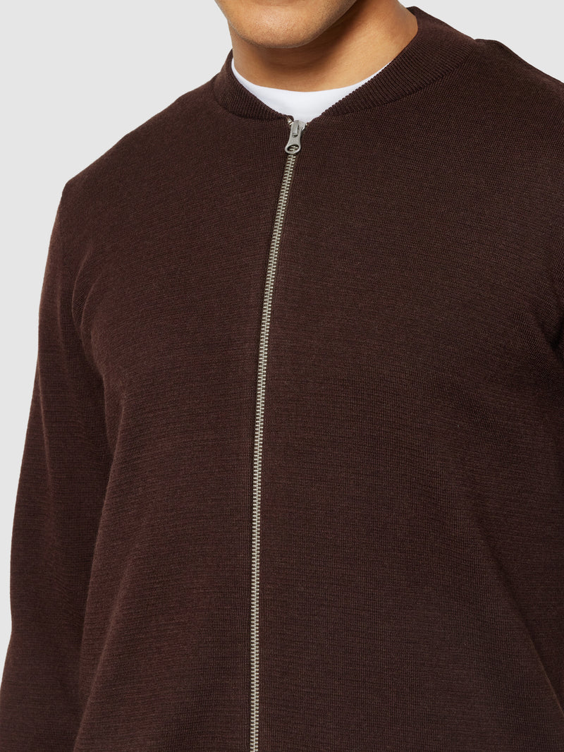 KnowledgeCotton Apparel - MEN Merino zip cardigan - RWS Knits 1243 Demitasse (brown)