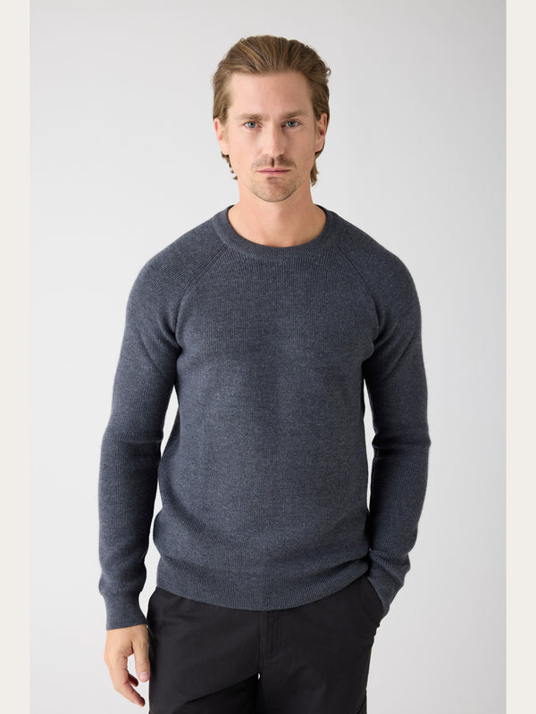 KnowledgeCotton Apparel - MEN O-neck merino wool rib knit Knits 1073 Dark Grey Melange
