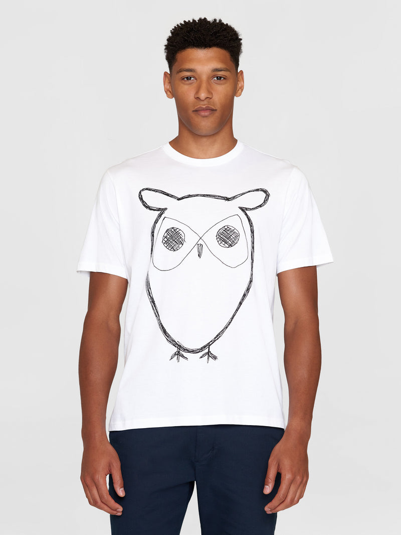 KnowledgeCotton Apparel - MEN Regular big owl front print t-shirt - GOTS T-shirts 1010 Bright White