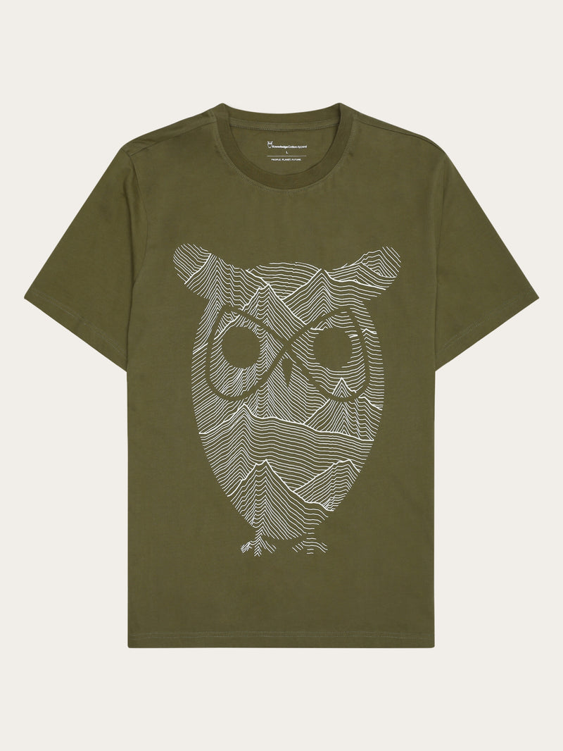 KnowledgeCotton Apparel - MEN Regular single jersey mountain owl printed t-shirt - Regenerative Organic Certified™ - GOTS T-shirts 1068 Burned Olive