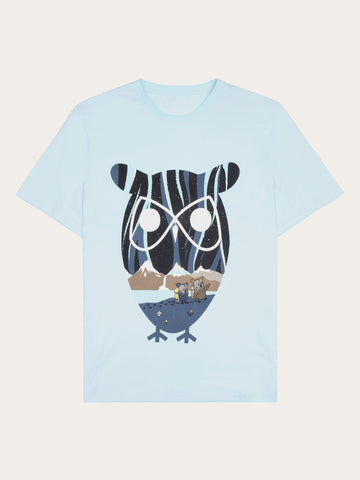 KnowledgeCotton Apparel - MEN Regular single jersey seagrass owl printed t-shirt - Regenerative Organic Certified™ - GOTS T-shirts 1480 Aqua-Esque