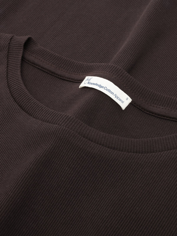 KnowledgeCotton Apparel - WMN Rib Scoop neck long sleeved Long Sleeves 1487 Chocolate Torte