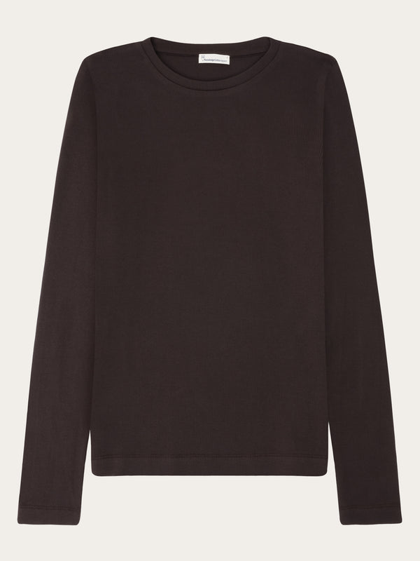 KnowledgeCotton Apparel - WMN Rib Scoop neck long sleeved Long Sleeves 1487 Chocolate Torte