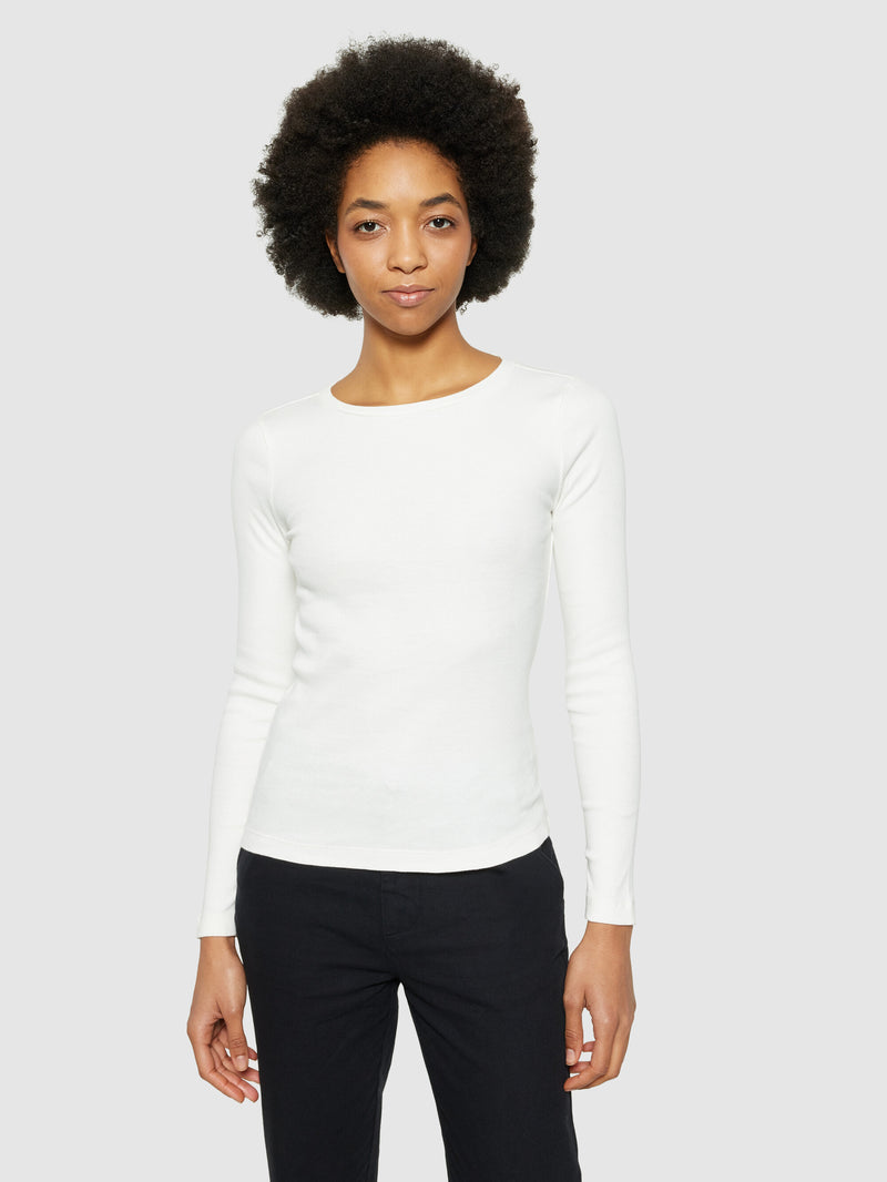 KnowledgeCotton Apparel - WMN Rib Scoop neck long sleeved T-shirts 1007 Star White