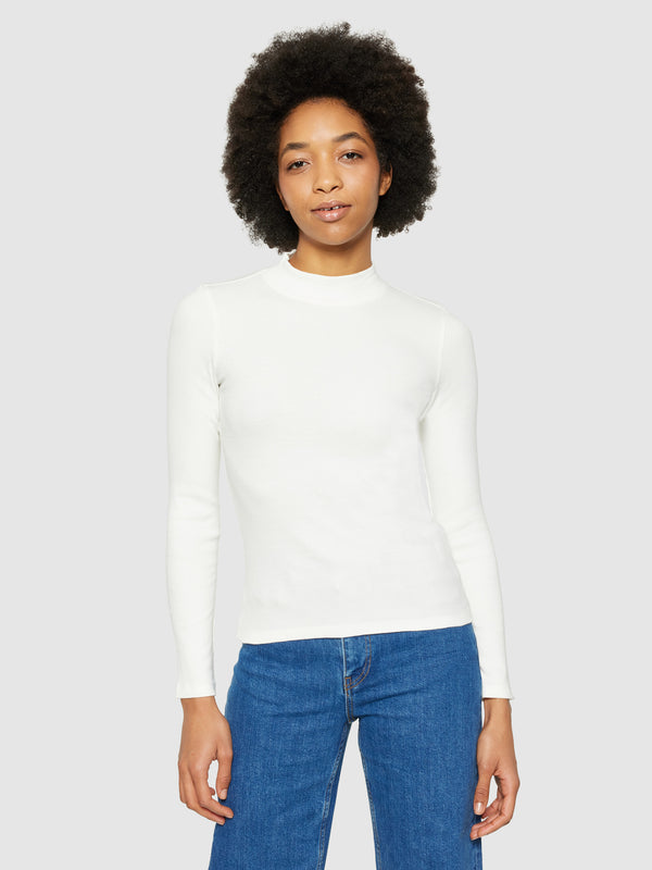 KnowledgeCotton Apparel - WMN Rib high neck LS T-shirts 1007 Star White