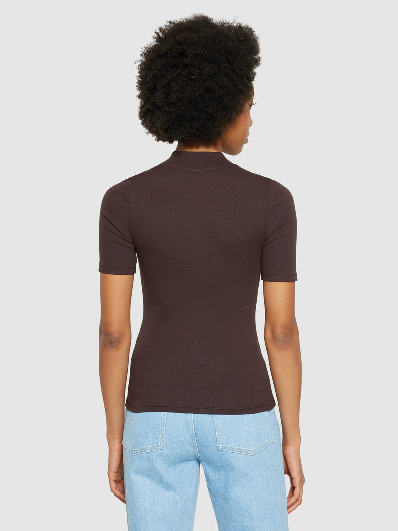 KnowledgeCotton Apparel - WMN Rib high neck short sleeve T-shirts 1394 Chocolate Plum