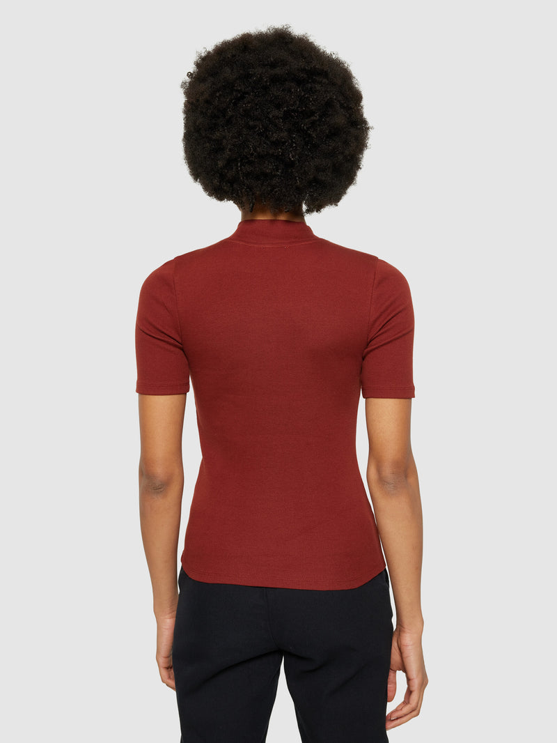 KnowledgeCotton Apparel - WMN Rib high neck short sleeve T-shirts 1478 Fired Brick