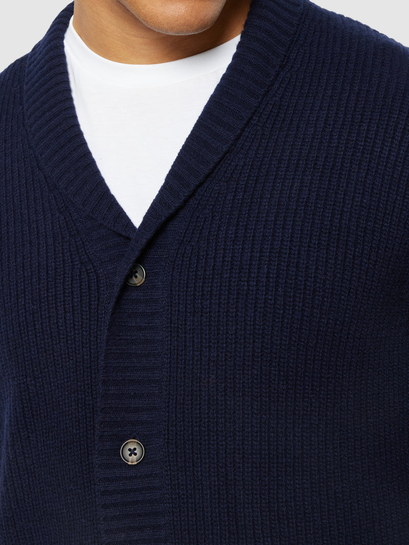 KnowledgeCotton Apparel - MEN Shawl neck wool cardigan - RWS Knits 1001 Total Eclipse