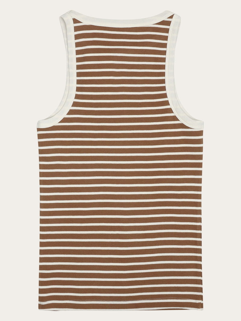 KnowledgeCotton Apparel - WMN Striped racer rib top T-shirts 8035 Dark Brown Stripe