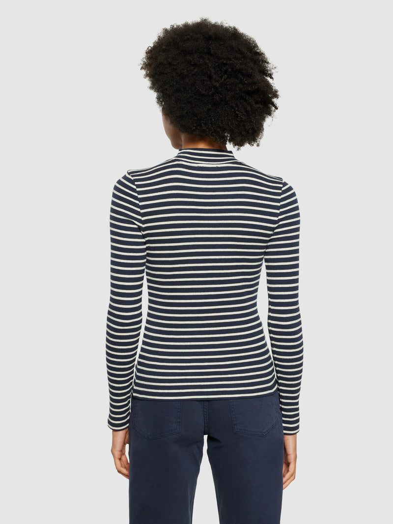 KnowledgeCotton Apparel - WMN Striped rib high neck long sleeved Long Sleeves 8003 Stripe - navy