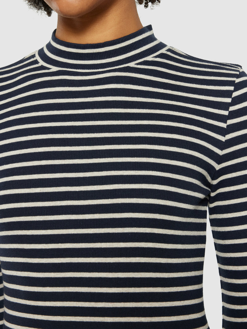 KnowledgeCotton Apparel - WMN Striped rib high neck long sleeved Long Sleeves 8003 Stripe - navy