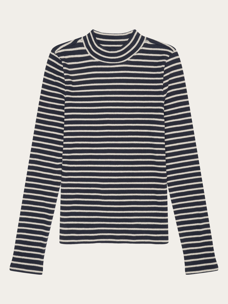 KnowledgeCotton Apparel - WMN Striped rib high neck long sleeved Long Sleeves 8003 Stripe - navy