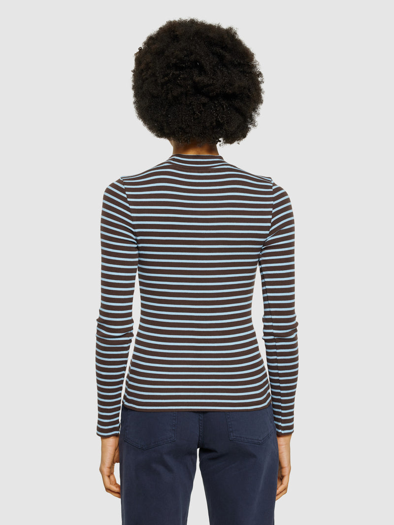 KnowledgeCotton Apparel - WMN Striped rib high neck long sleeved Long Sleeves 8026 Brown stripe