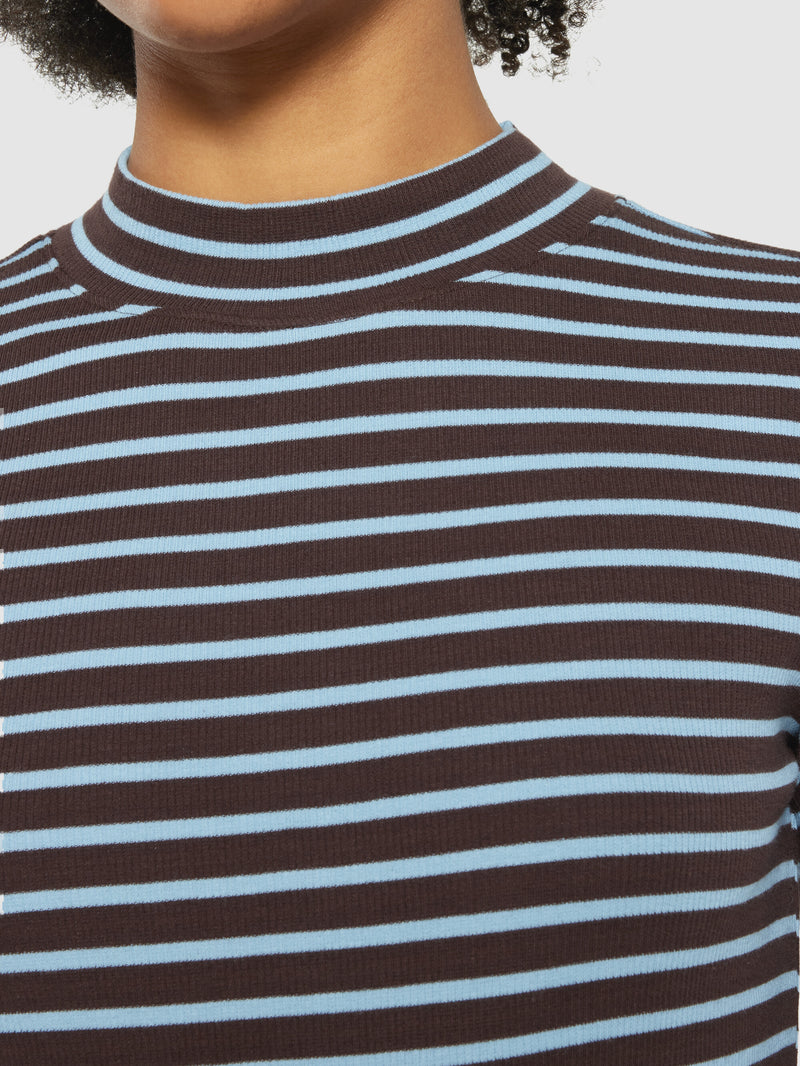 KnowledgeCotton Apparel - WMN Striped rib high neck long sleeved Long Sleeves 8026 Brown stripe