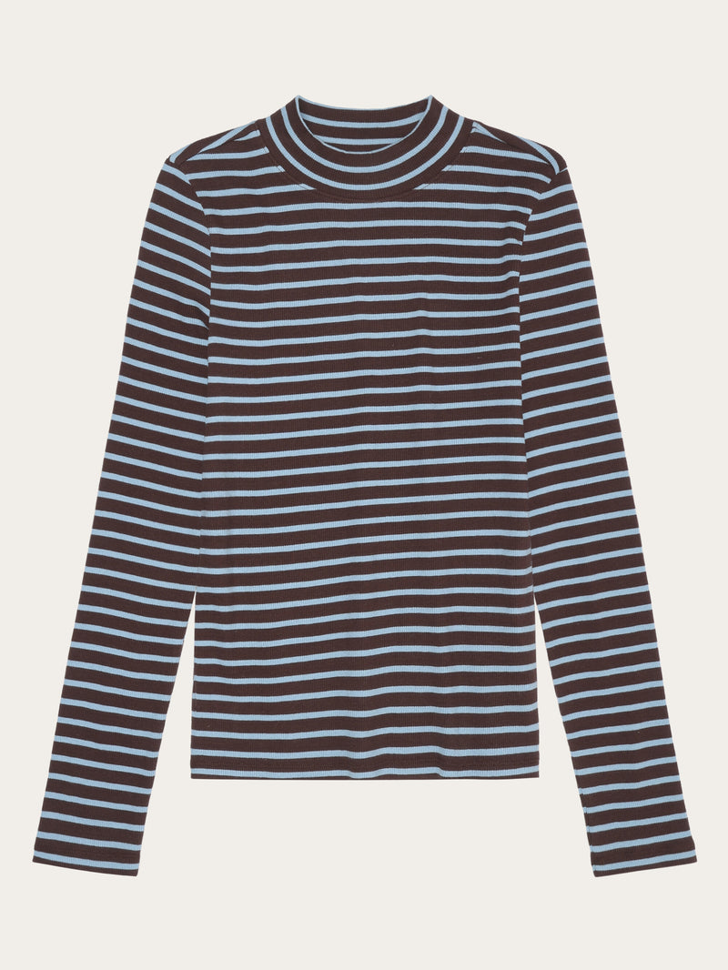 KnowledgeCotton Apparel - WMN Striped rib high neck long sleeved Long Sleeves 8026 Brown stripe