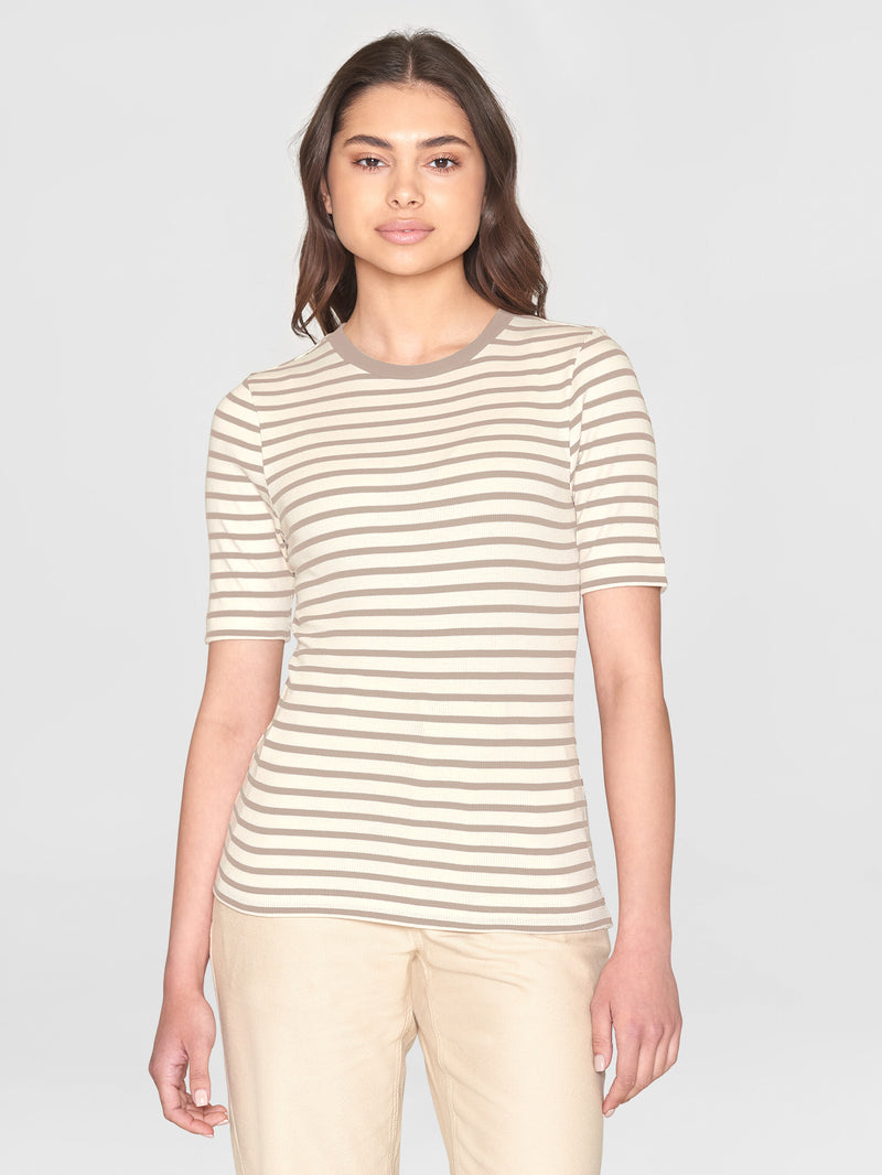 KnowledgeCotton Apparel - WMN Striped rib t-shirt T-shirts 8030 Beige stripe