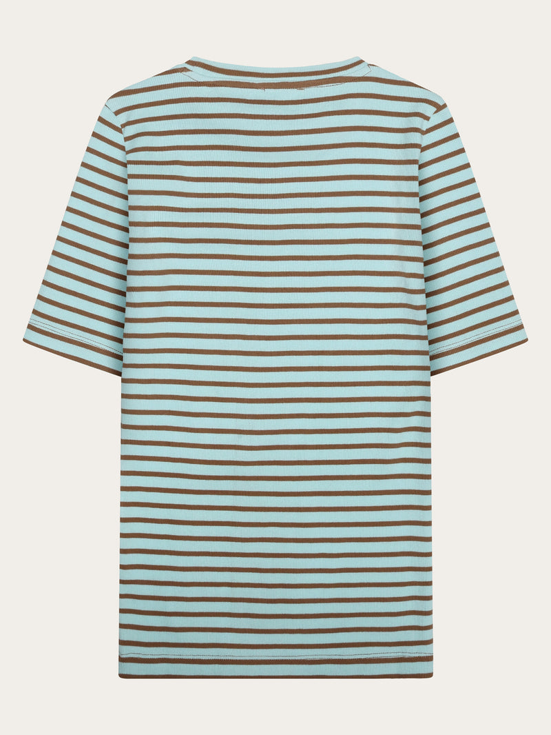 KnowledgeCotton Apparel - WMN Striped rib t-shirt T-shirts 8034 Light Blue Stripe