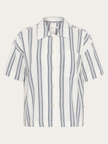 KnowledgeCotton Apparel - WMN Striped short sleeved shirt - GOTS/Vegan Shirts 8021 Blue stripe