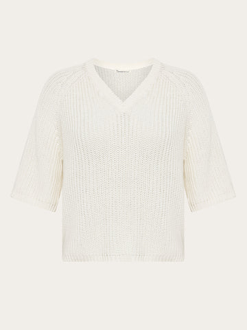 KnowledgeCotton Apparel - WMN V-neck short sleeve knit Knits 1387 Egret