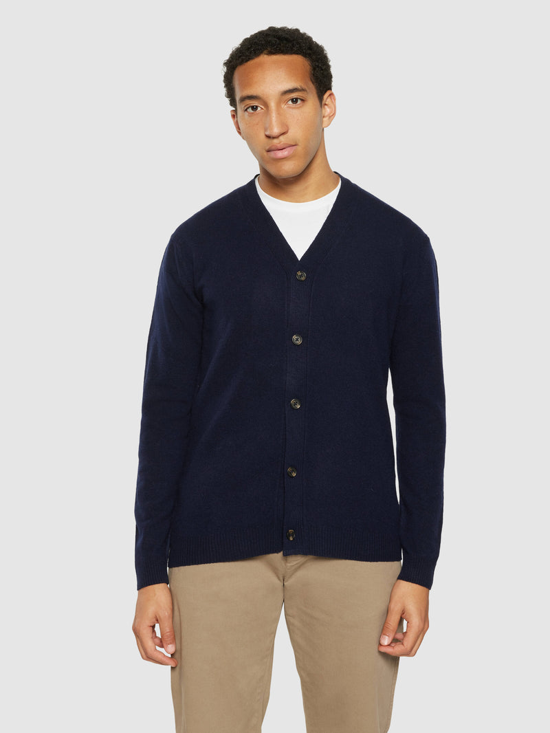 KnowledgeCotton Apparel - MEN V-neck wool knit cardigan - RWS Knits 1001 Total Eclipse