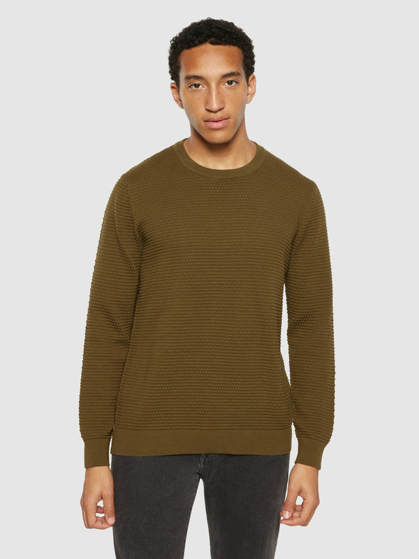KnowledgeCotton Apparel - MEN VAGN regular bubble knit crew neck - Regenerative Organic Certified - GOTS/Vegan Knits 1100 Dark Olive