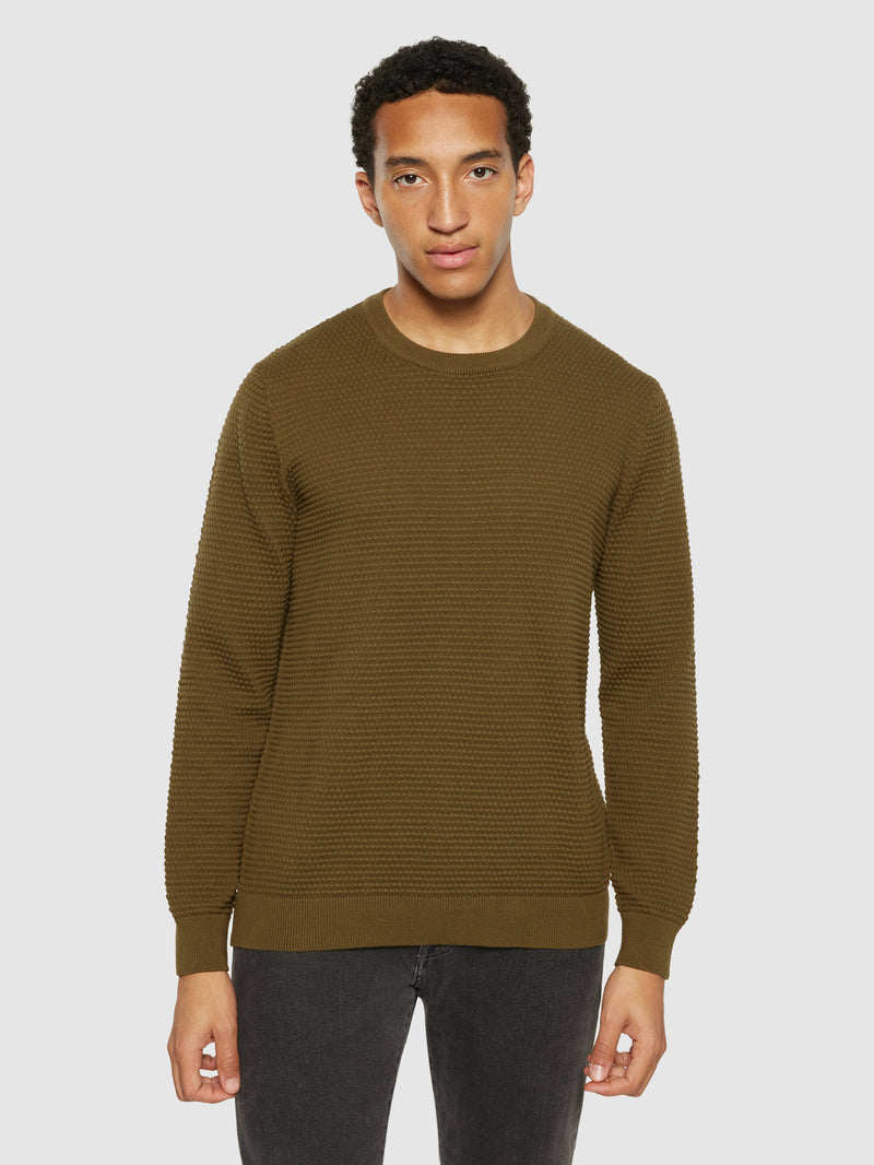 KnowledgeCotton Apparel - MEN VAGN regular bubble knit crew neck - Regenerative Organic Certified - GOTS/Vegan Knits 1100 Dark Olive