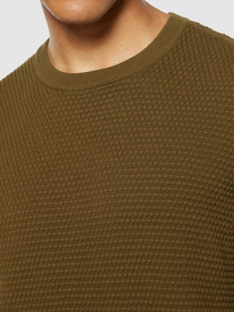 KnowledgeCotton Apparel - MEN VAGN regular bubble knit crew neck - Regenerative Organic Certified - GOTS/Vegan Knits 1100 Dark Olive